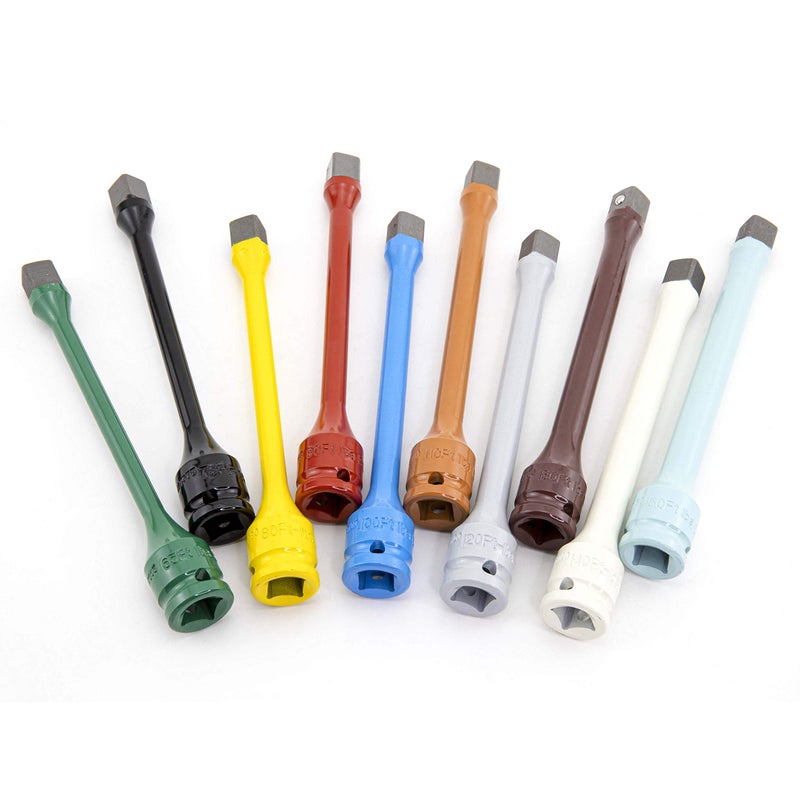 Genius Tools TO-410EXT - 10 Piece 1/2" Drive Torque Extension Bar Set, Color-Coded, 60 ft.lbs.~150 ft. lbs. - Image 3